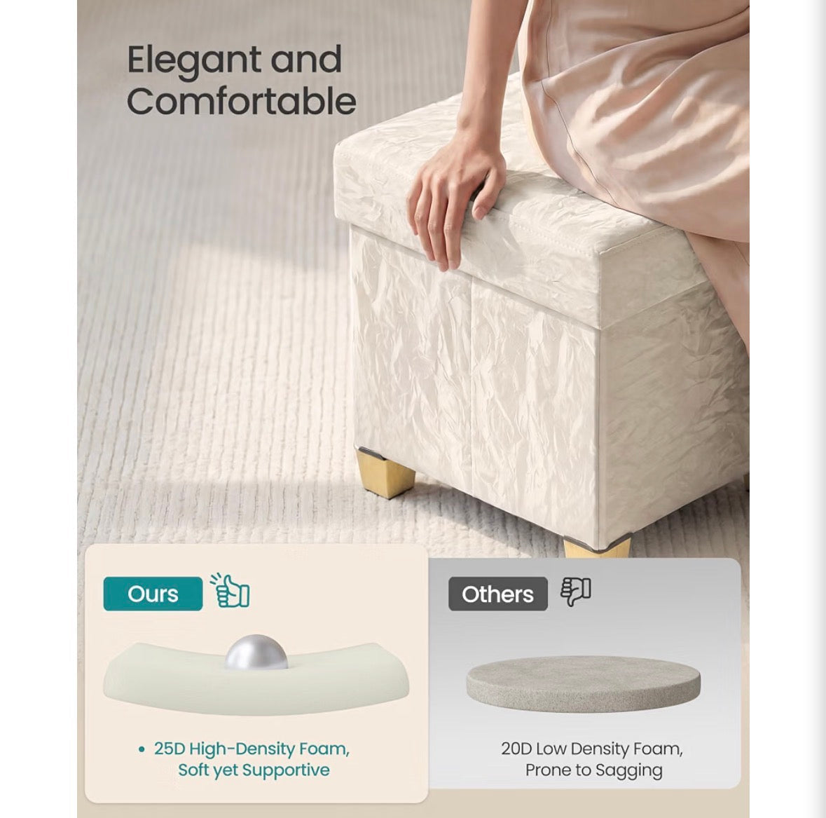 Cream Velvet Storage Ottoman with Gold Legs – 15" Cube Footrest