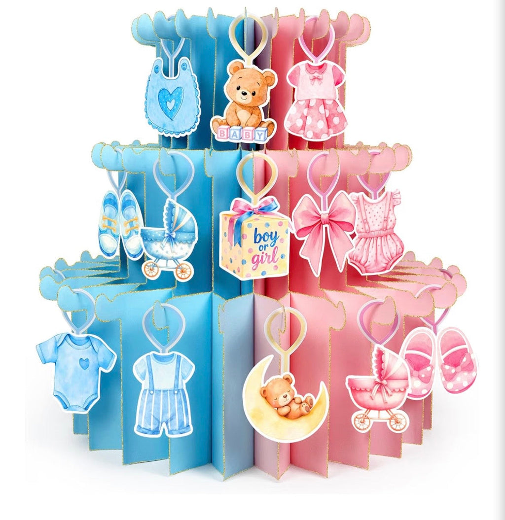 Boy or Girl Gender Reveal 3D Cake Centerpiece with 51 Hanging Ornaments
