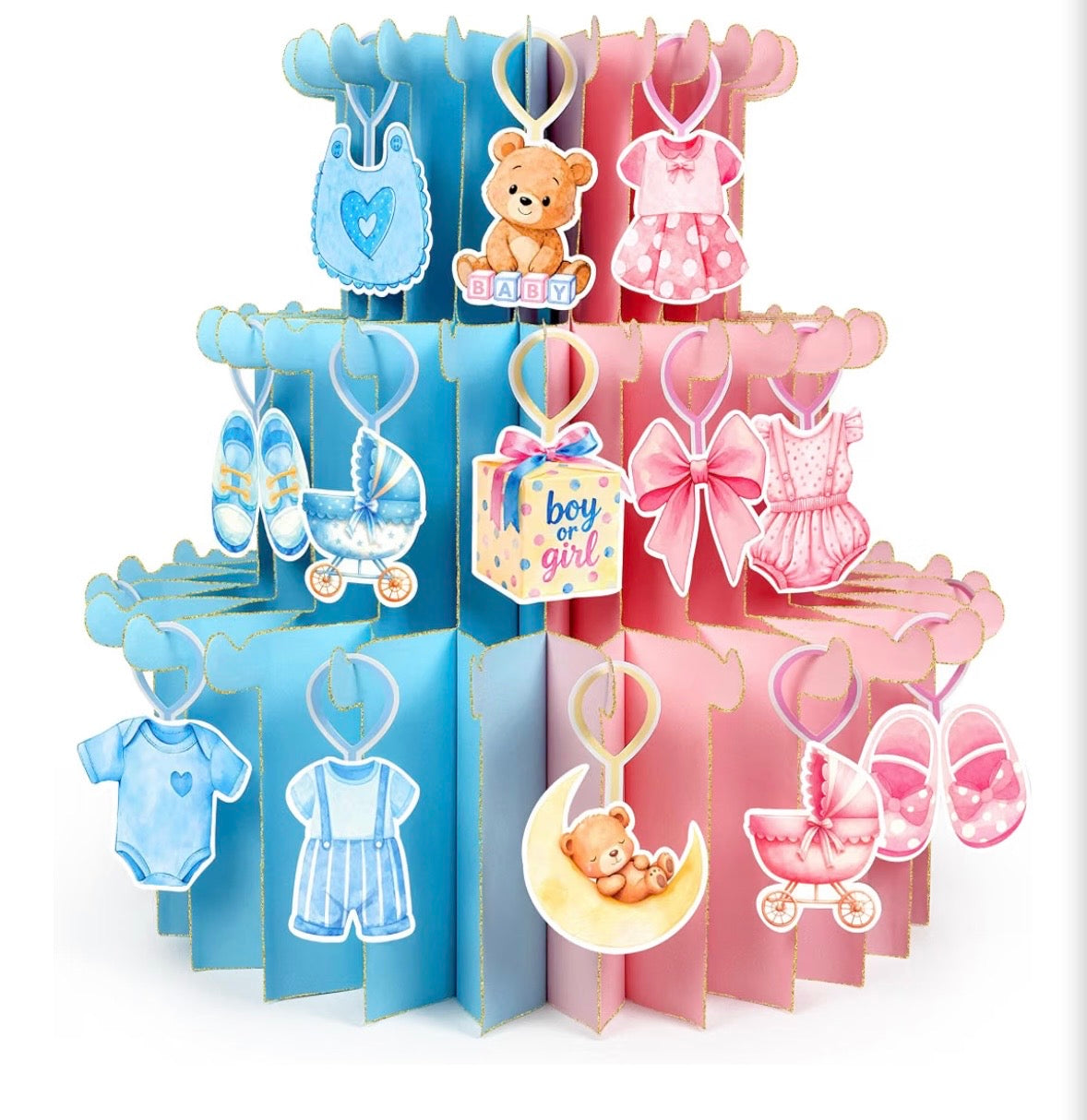 Boy or Girl Gender Reveal 3D Cake Centerpiece with 51 Hanging Ornaments