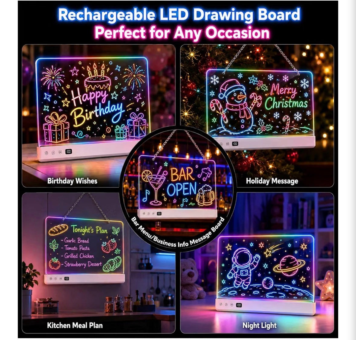 LED Light-Up Drawing Board for Kids – Rechargeable, Music Sync, 7 Colors & 7 Effects, Erasable