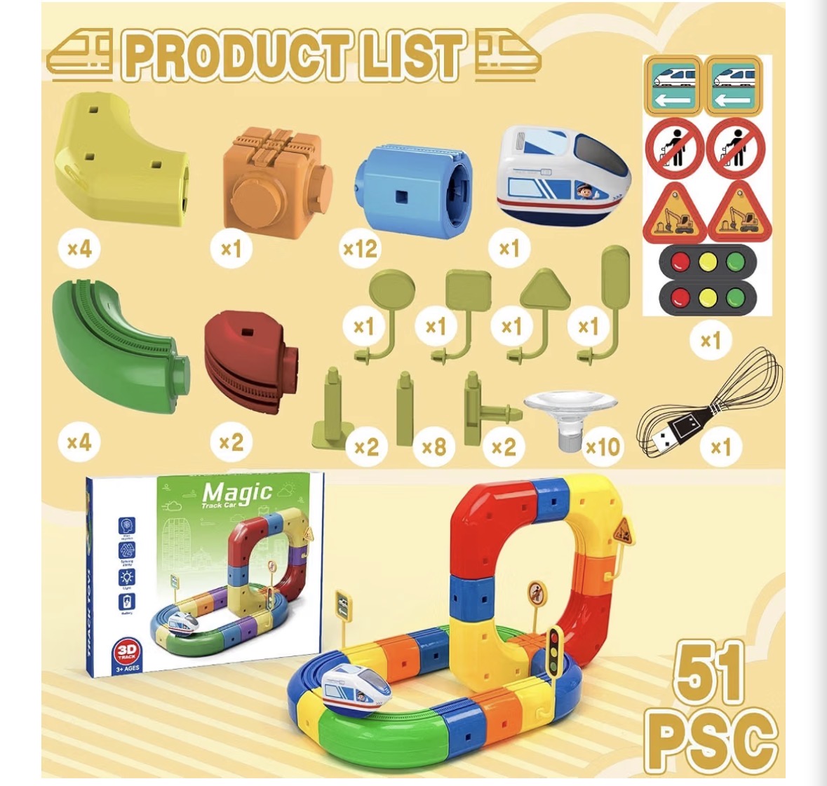 Magic 3D Track Car Train Set – 51-Piece Electric Train with USB Charging, Multi-Level Tracks, Inverted Suspension & Road Signs