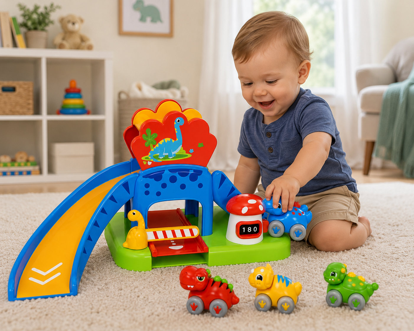 Dinosaur Car Ramp Toy Set – 4 Dino Cars, Slide Track & Parking Garage for Toddlers