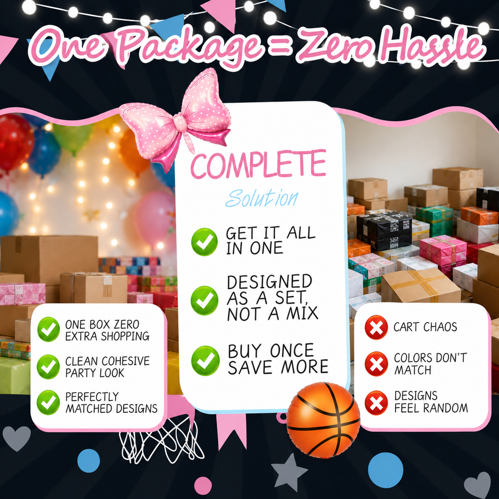 Free Throws or Pink Bows Gender Reveal Party Kit – Basketball Theme, 200+ Pieces for 25 Guests
