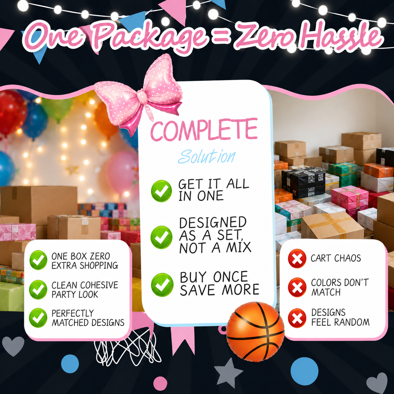 Free Throws or Pink Bows Gender Reveal Party Kit – Basketball Theme, 200+ Pieces for 25 Guests