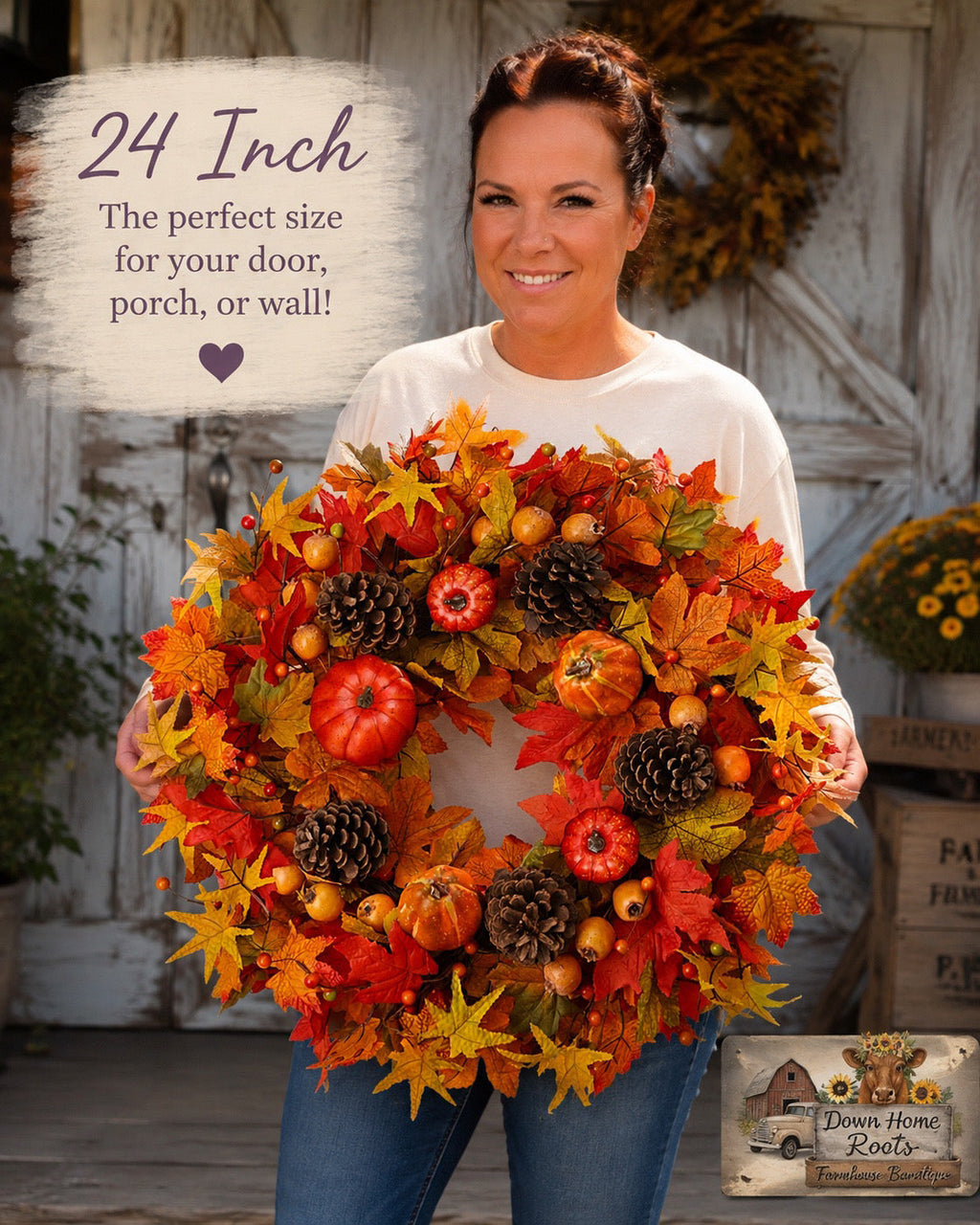 24 Inch Autumn Harvest Fall Grapevine Wreath – Handmade