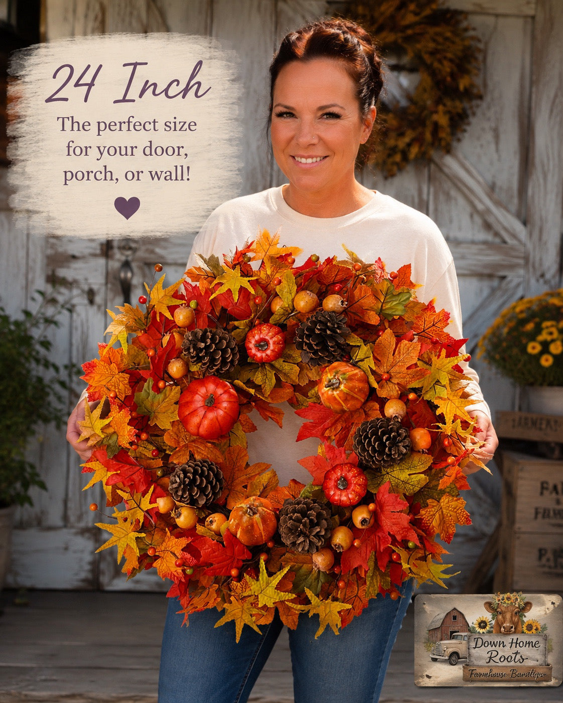 24 Inch Autumn Harvest Fall Grapevine Wreath – Handmade