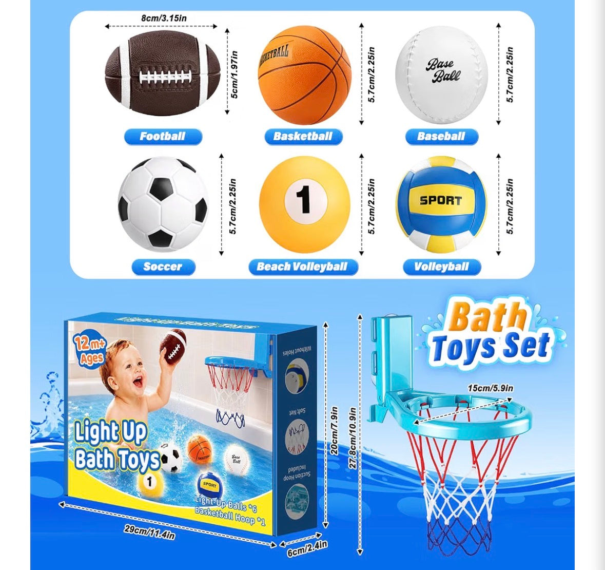 Light Up Bath Toys Set with Basketball Hoop – 6 Glowing Sports Balls