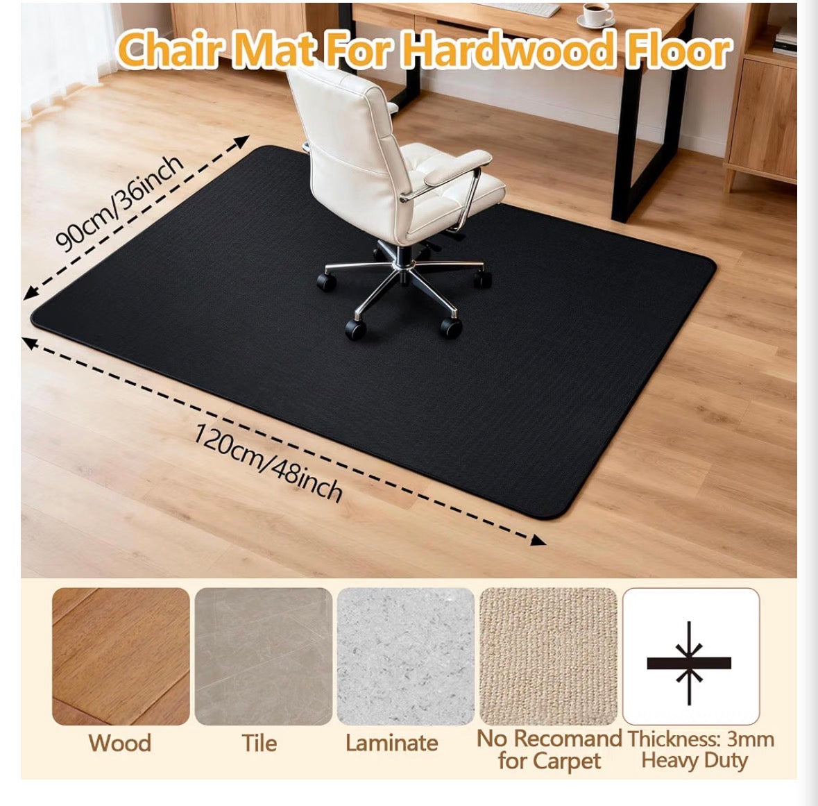 Office Chair Mat for Hardwood Floors – 36" x 48" Heavy Duty, Non-Slip, Noise Reduction
