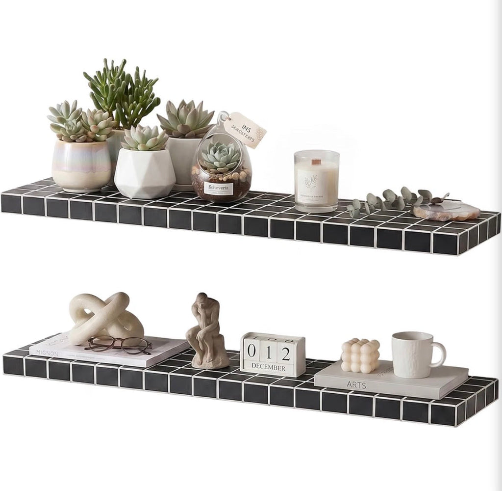Black Tile Texture Floating Wall Shelves Set of 2 – 35.4" x 9.4", 60 LBS, 3D Mosaic Design