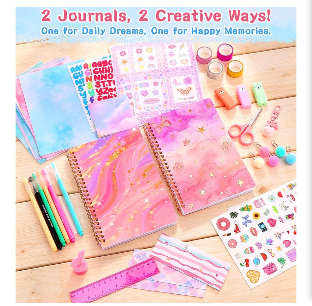 Girls Scrapbook Journaling Kit – 2 Spiral Journals, Washi Tape, Stickers, Pens & Craft Supplies, 100+ Pieces