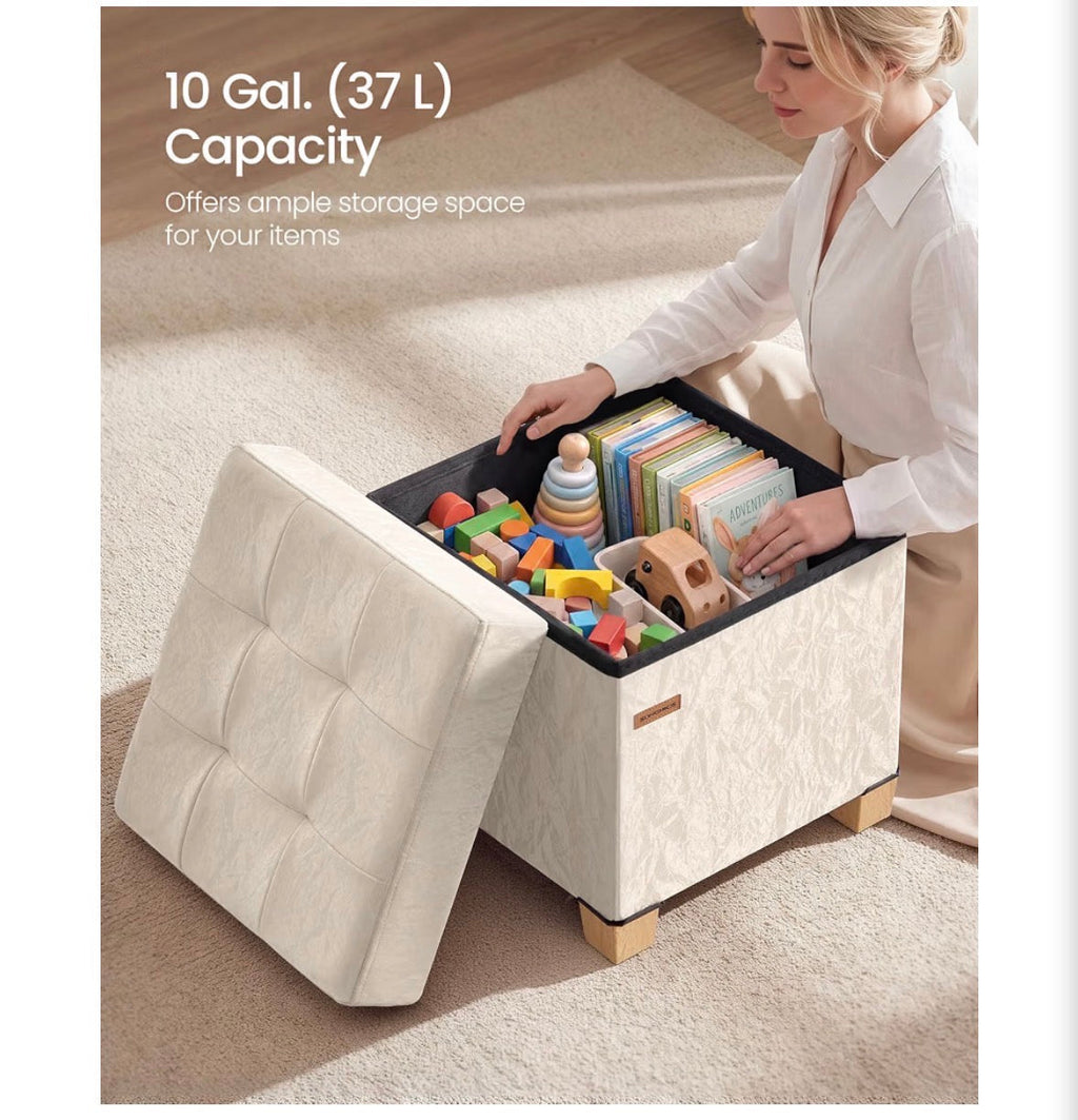 Cream Velvet Storage Ottoman with Gold Legs – 15" Cube Footrest