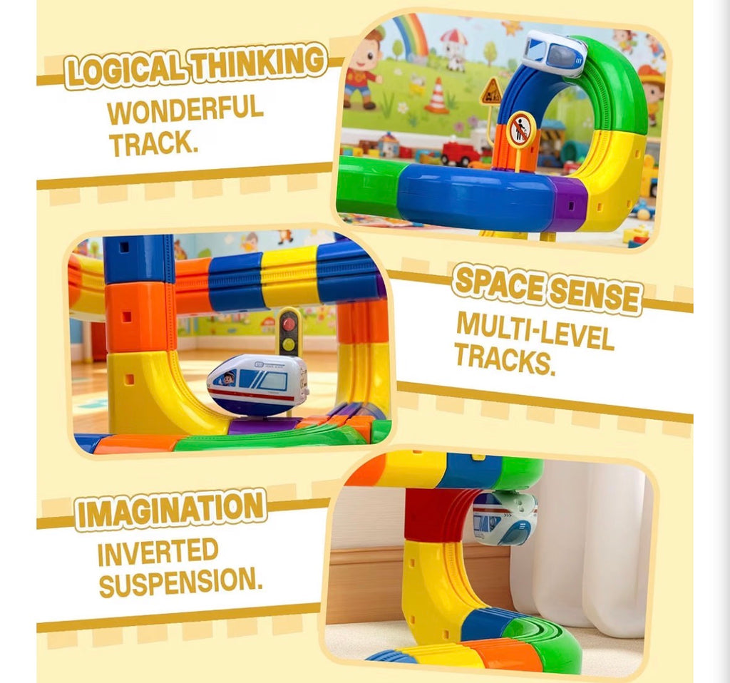 Magic 3D Track Car Train Set – 51-Piece Electric Train with USB Charging, Multi-Level Tracks, Inverted Suspension & Road Signs
