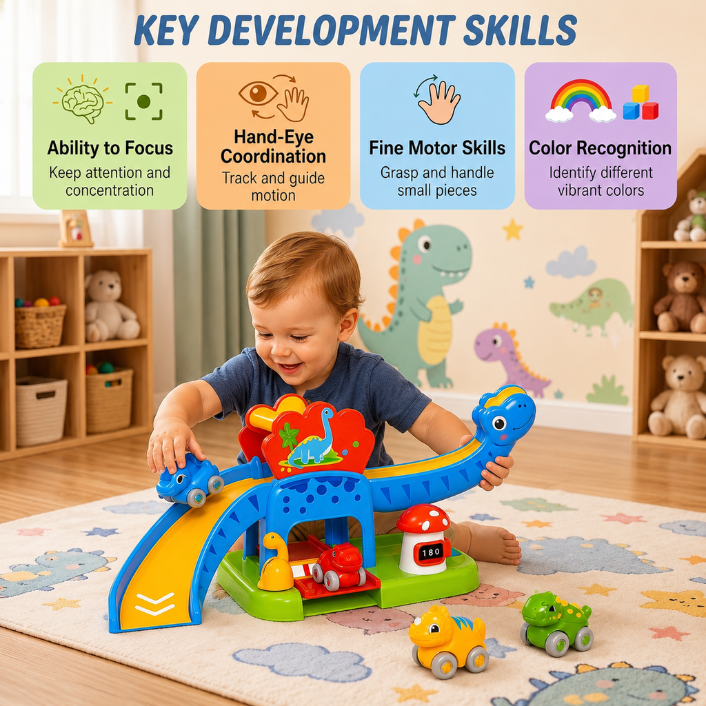 Dinosaur Car Ramp Toy Set – 4 Dino Cars, Slide Track & Parking Garage for Toddlers