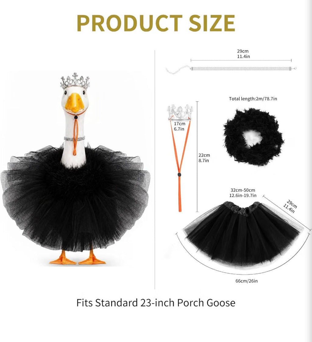 3pc Princess Porch Goose Outfit – Black Tutu, Crown & Rhinestone Necklace (Fits 17"–23" Porch Goose)