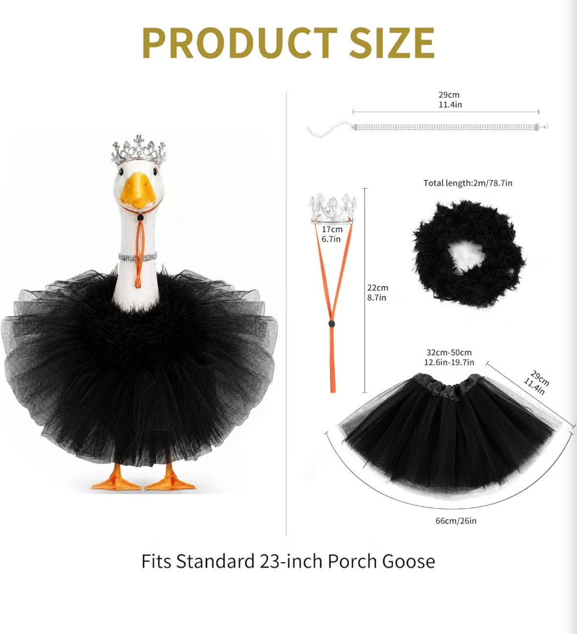 3pc Princess Porch Goose Outfit – Black Tutu, Crown & Rhinestone Necklace (Fits 17"–23" Porch Goose)