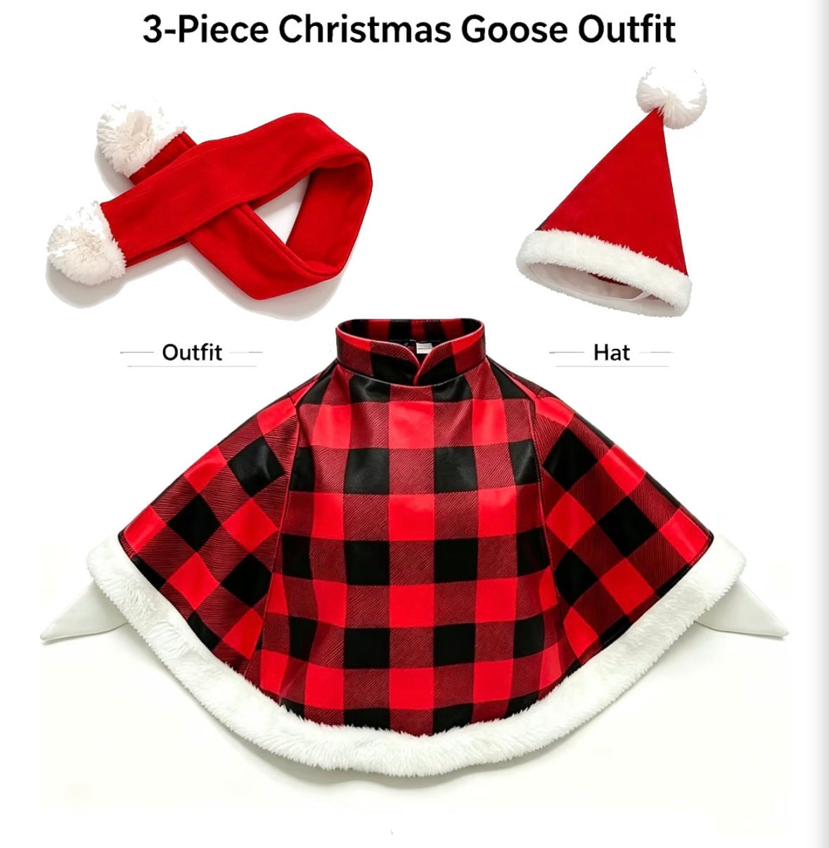 3pc Christmas Porch Goose Outfit – Buffalo Plaid Cape, Santa Hat & Scarf (Fits 17"–23" Porch Goose)