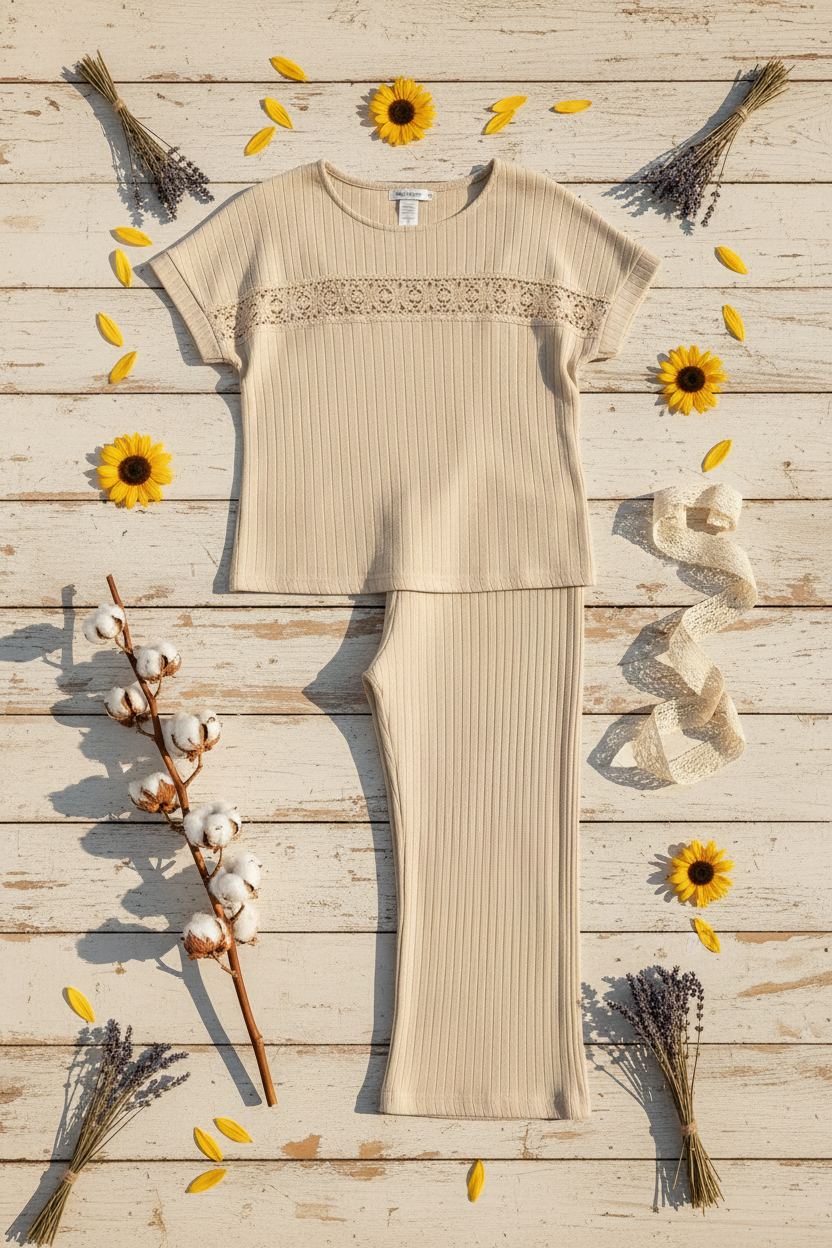 Beige Ribbed Lace-Trim Two-Piece Set – Top & Wide-Leg Pants