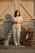 Beige Ribbed Lace-Trim Two-Piece Set – Top & Wide-Leg Pants