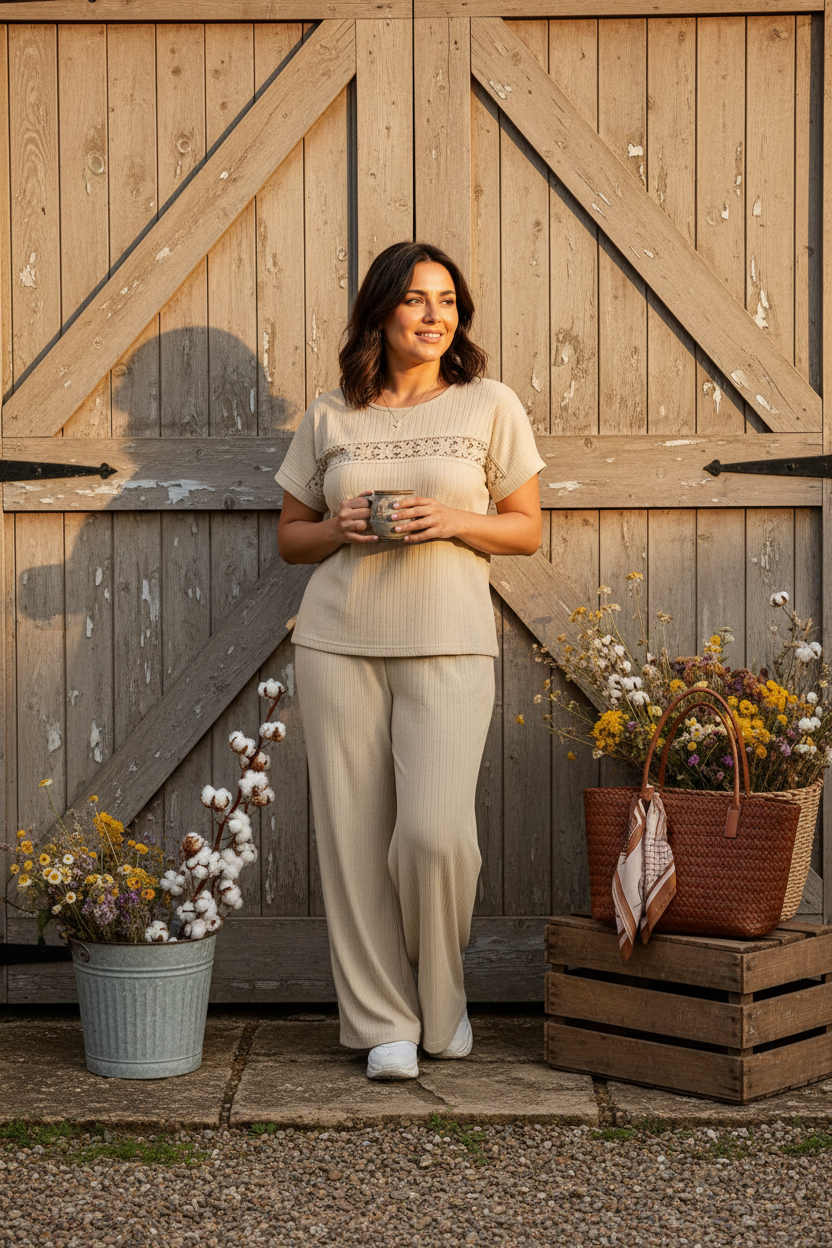 Beige Ribbed Lace-Trim Two-Piece Set – Top & Wide-Leg Pants