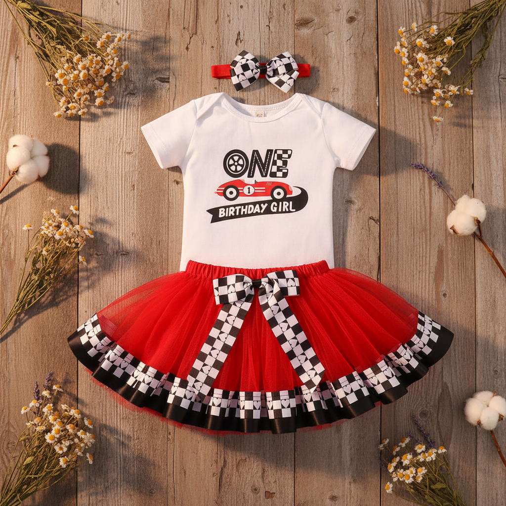 Baby Girl Race Car 1st Birthday Outfit Set