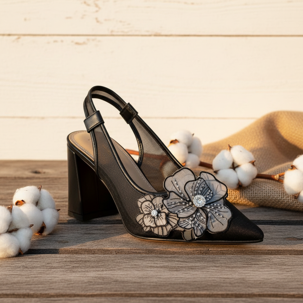 Black Floral Embroidered Mesh Slingback Block Heel