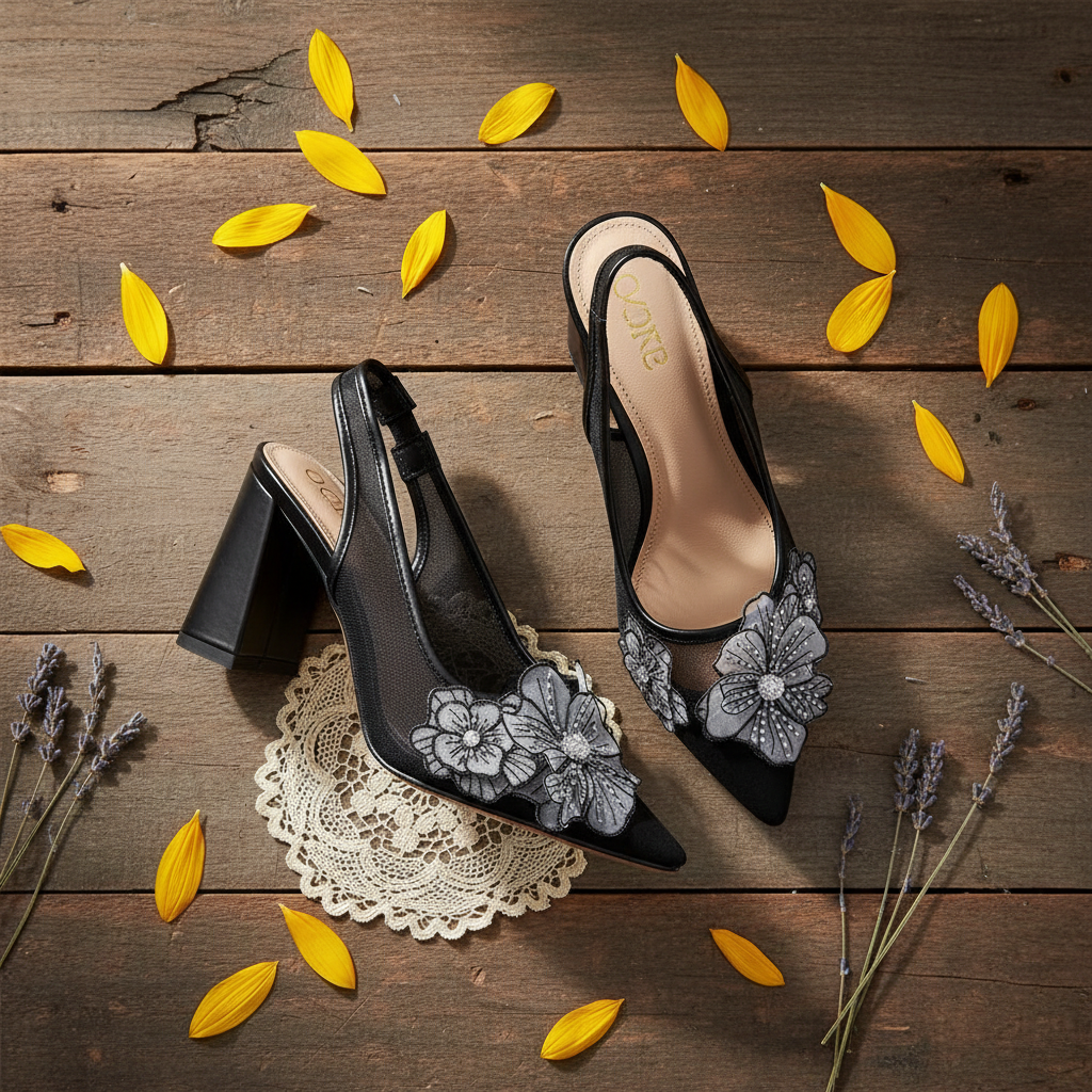 Black Floral Embroidered Mesh Slingback Block Heel