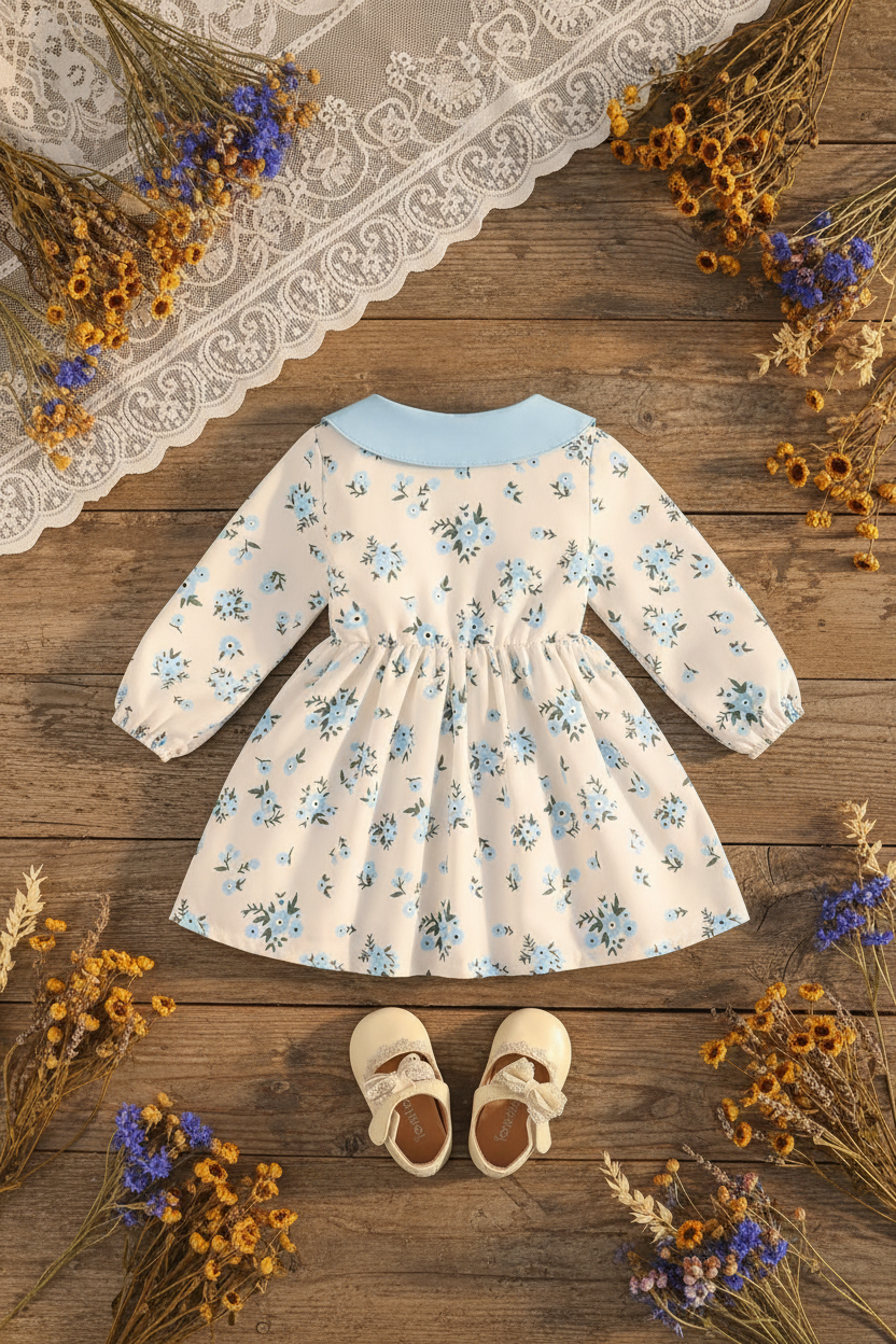 Blue Floral Baby Dress - Back Flat Lay