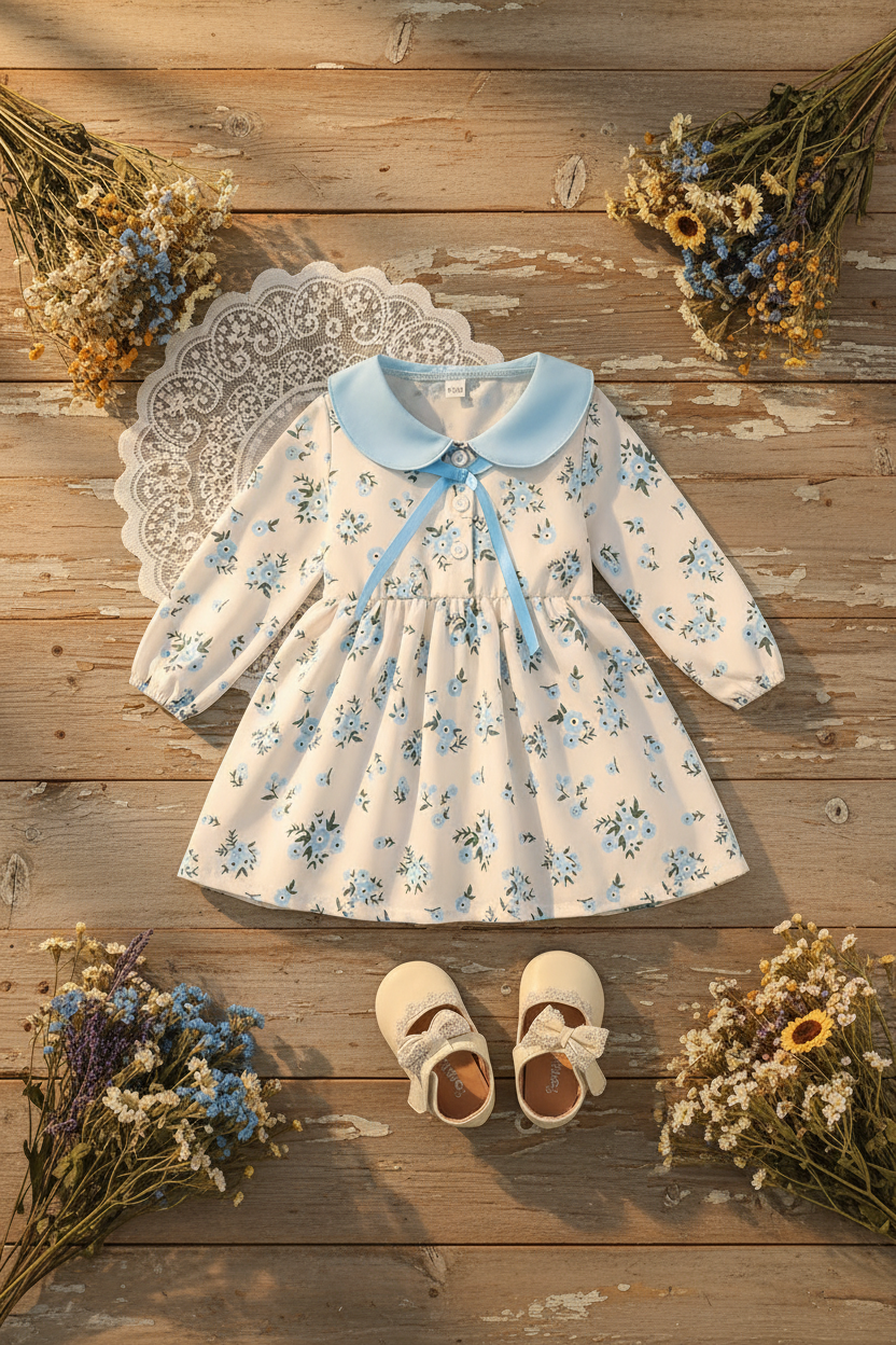 Blue Floral Baby Dress - Front Flat Lay