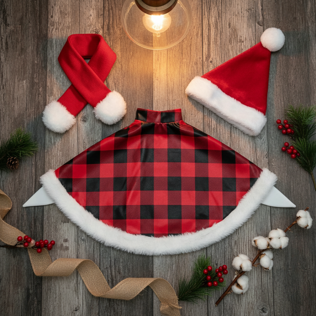 3pc Christmas Porch Goose Outfit – Buffalo Plaid Cape, Santa Hat & Scarf (Fits 17"–23" Porch Goose)