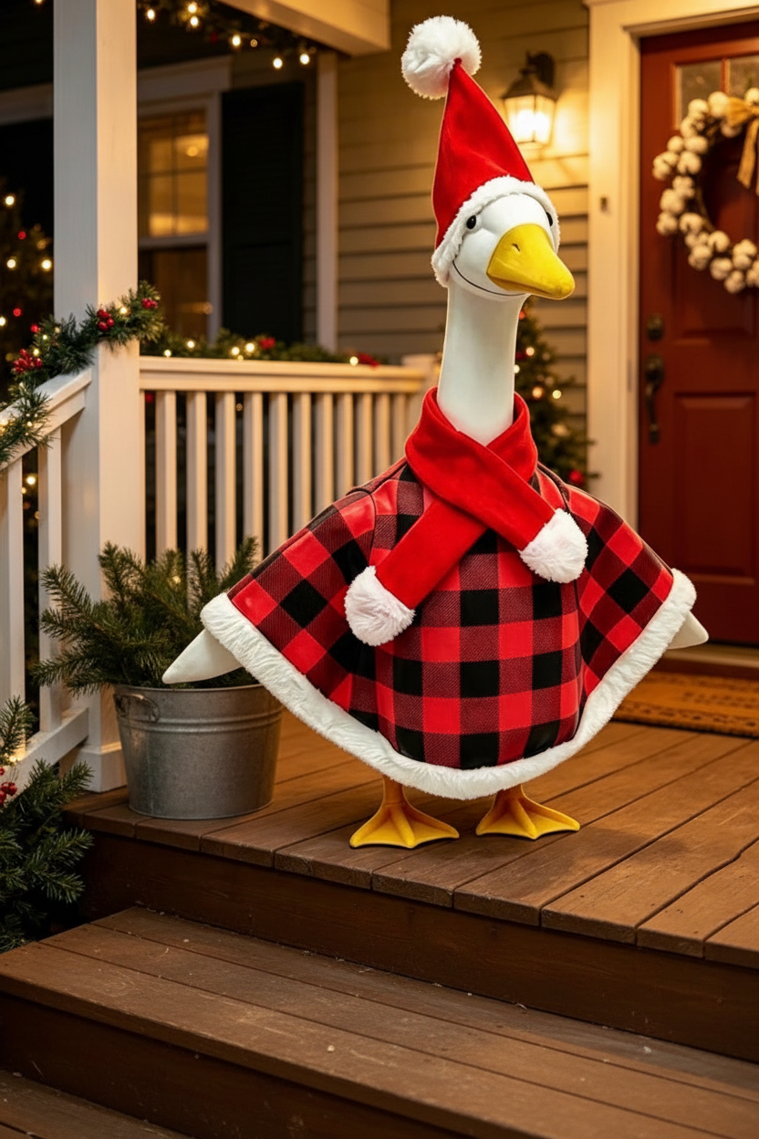 3pc Christmas Porch Goose Outfit – Buffalo Plaid Cape, Santa Hat & Scarf (Fits 17"–23" Porch Goose)
