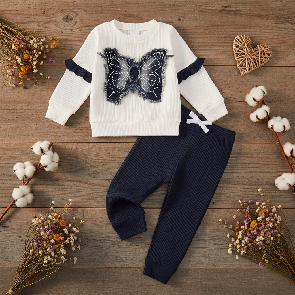 Baby Girl 3D Denim Butterfly Sweatshirt & Jogger Set