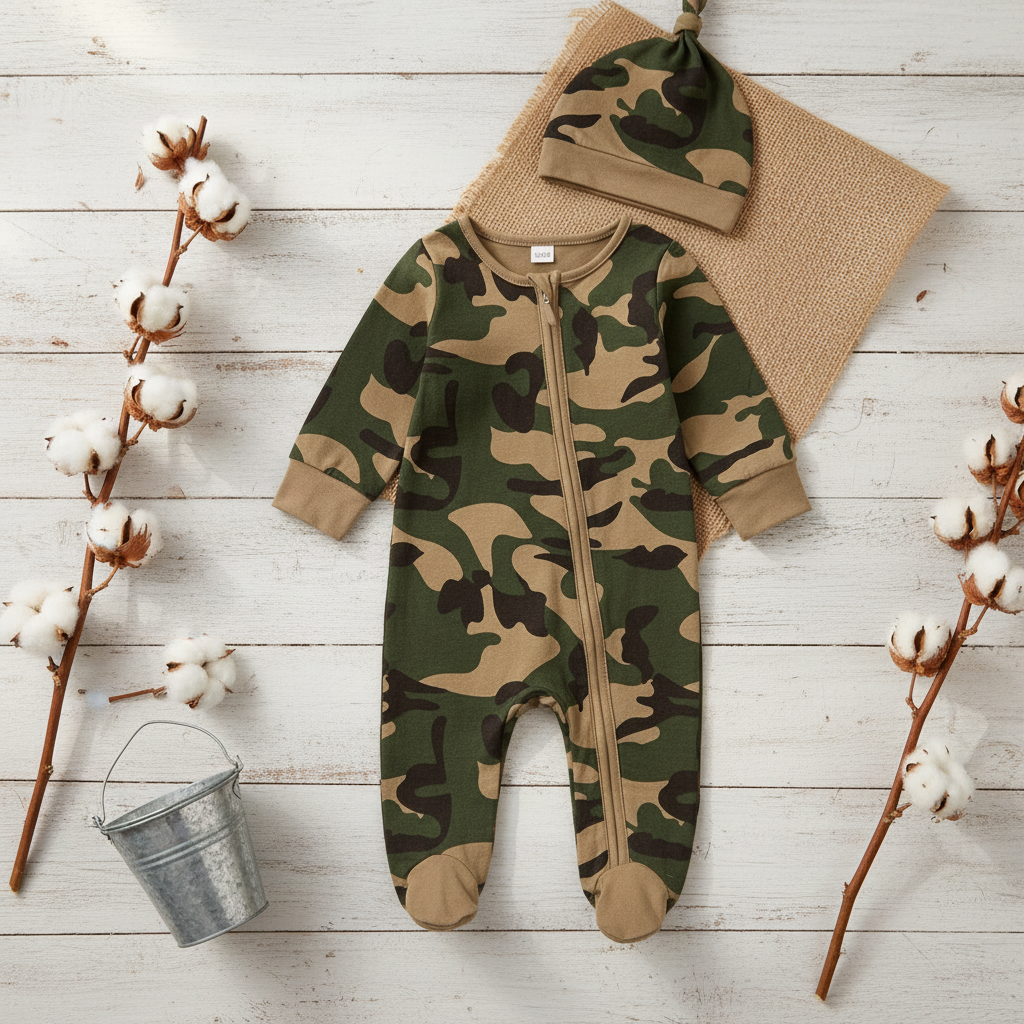 Camo Romper Farmhouse Flat Lay