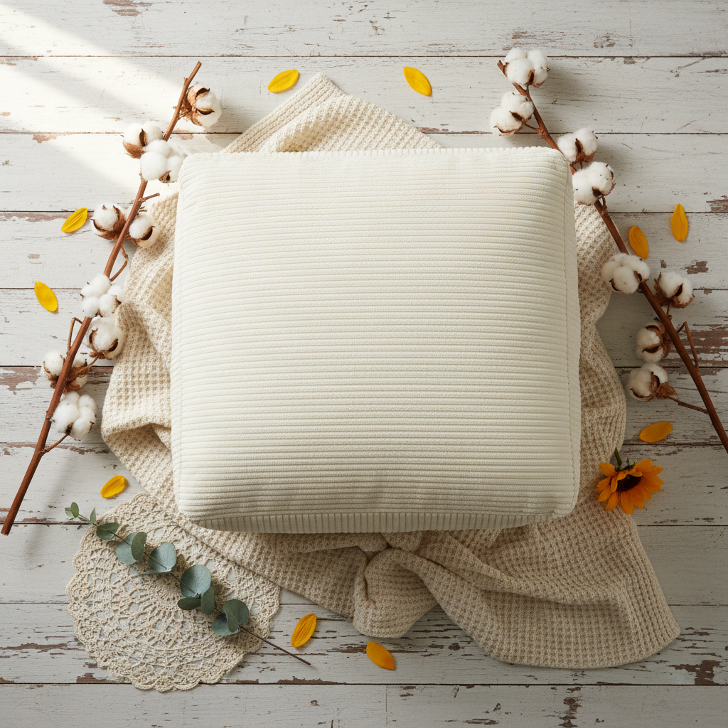 Cream Corduroy Ottoman Pouf – Memory Foam Footrest & Floor Cushion, 20" x 20" x 15"