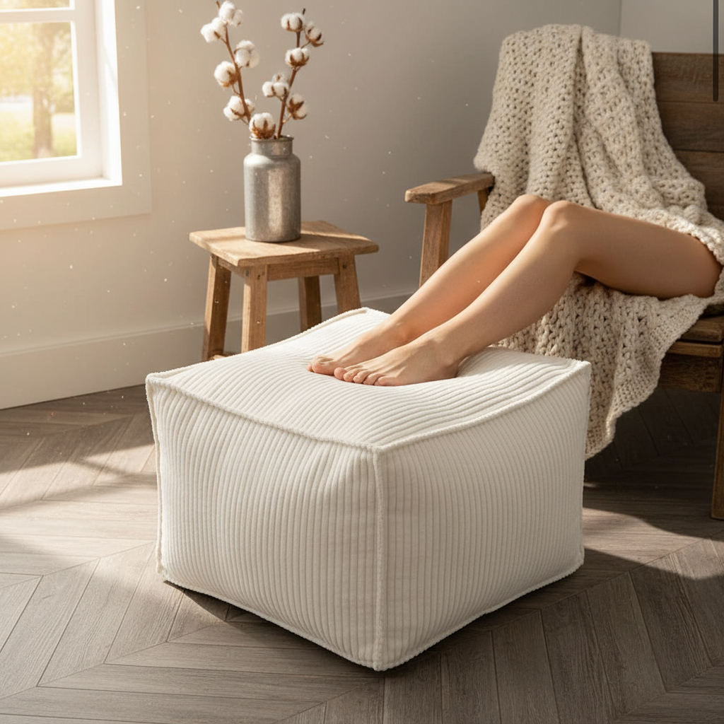 Cream Corduroy Ottoman Pouf – Memory Foam Footrest & Floor Cushion, 20" x 20" x 15"