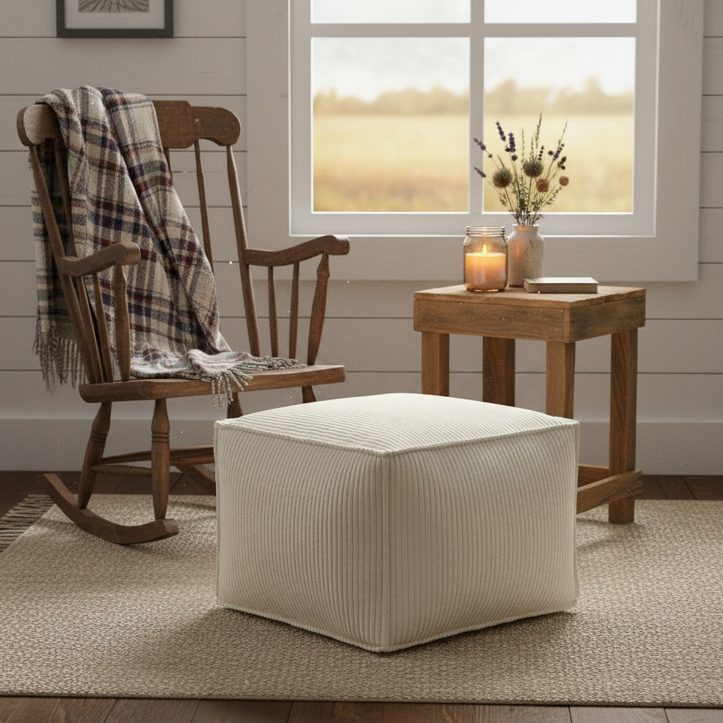 Cream Corduroy Ottoman Pouf – Memory Foam Footrest & Floor Cushion, 20" x 20" x 15"