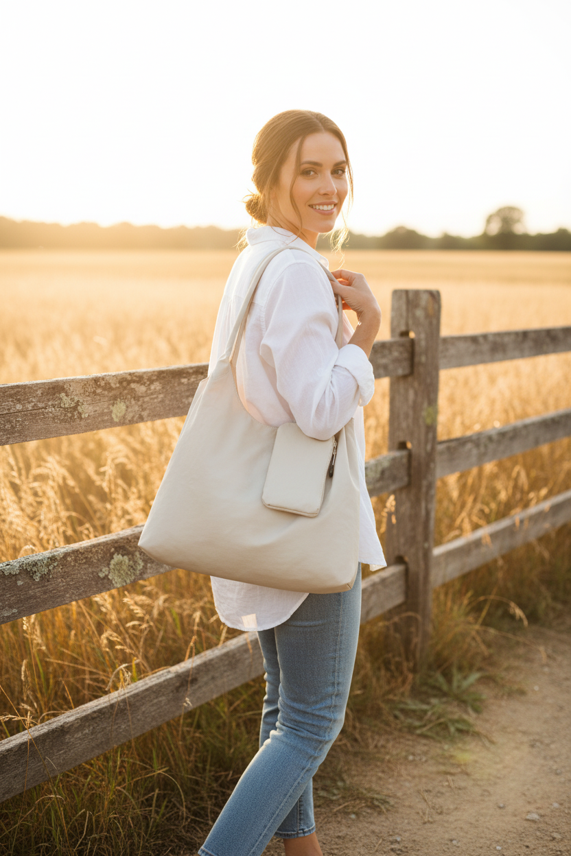 Cream Canvas Hobo Tote Bag with Zip Pouch – Farmhouse Chic Shoulder Bag