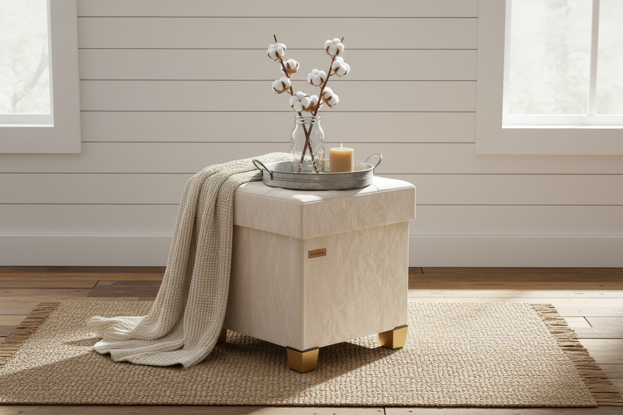 Cream Velvet Storage Ottoman with Gold Legs – 15" Cube Footrest