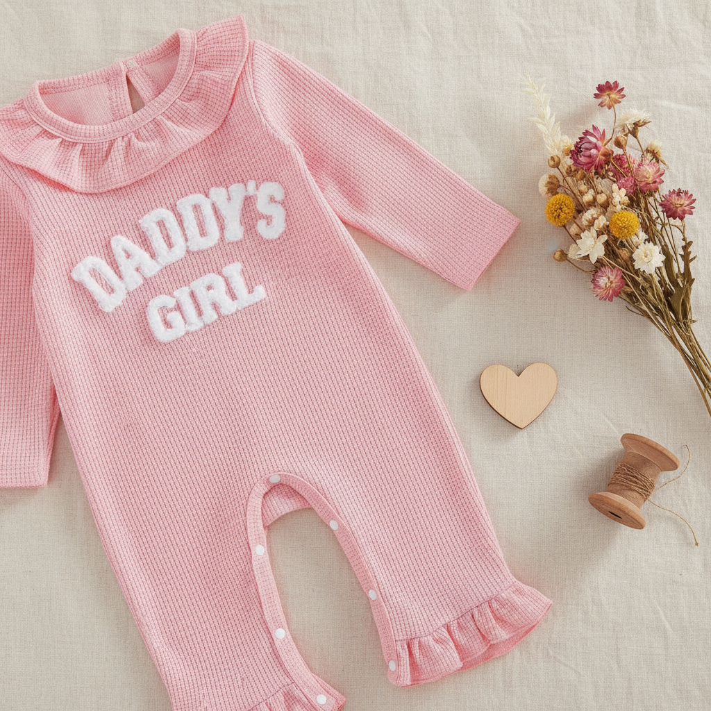 Baby Girl "Daddy's Girl" Waffle Knit Romper & Bow Headband Set – Ruffle Collar & Cuffs