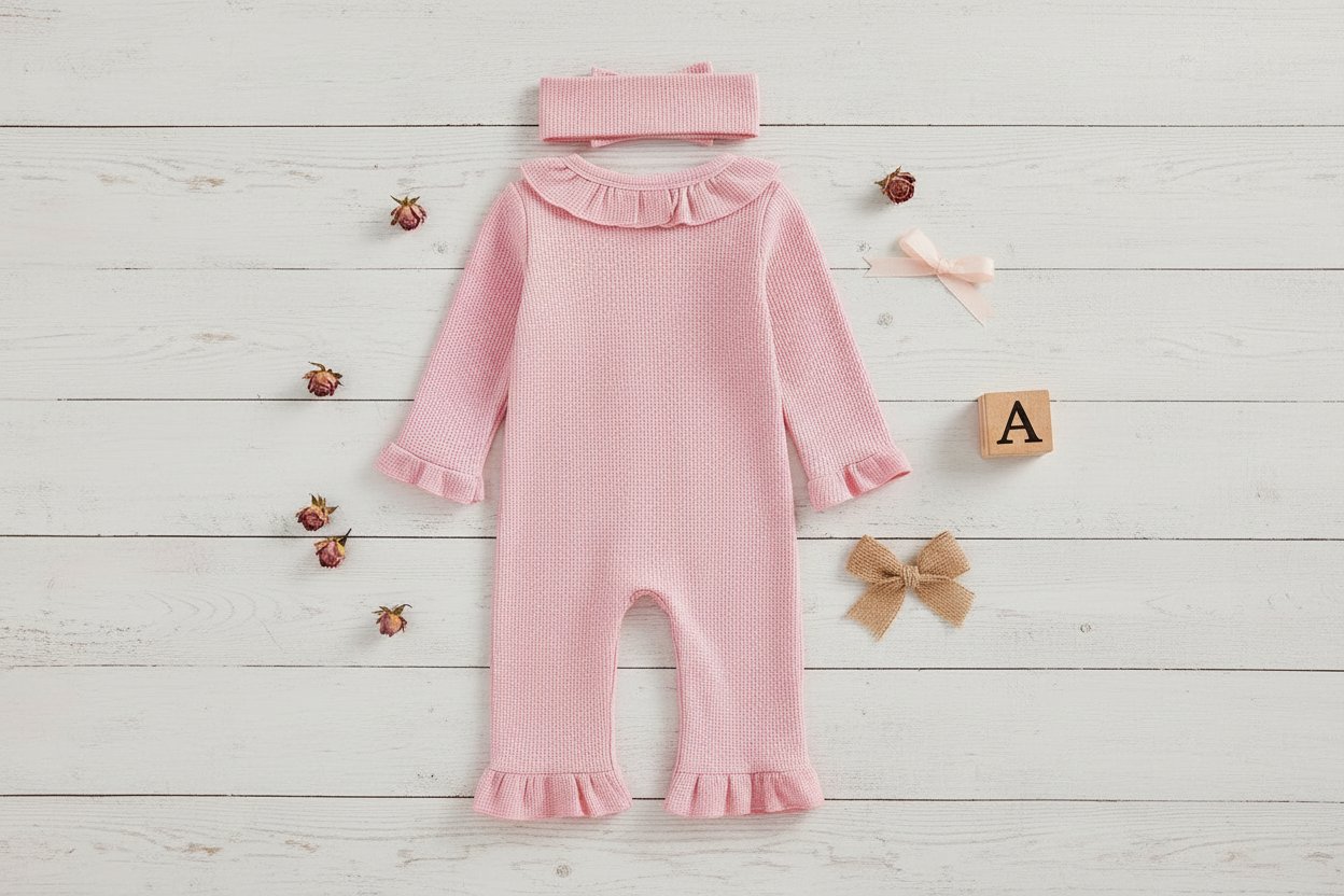 Baby Girl "Daddy's Girl" Waffle Knit Romper & Bow Headband Set – Ruffle Collar & Cuffs