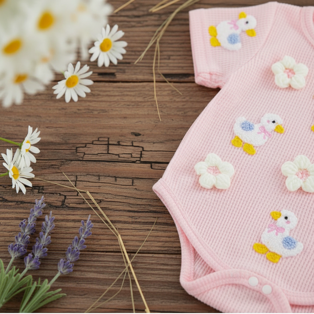 Baby Girl Duck & Daisy Ribbed Romper Set