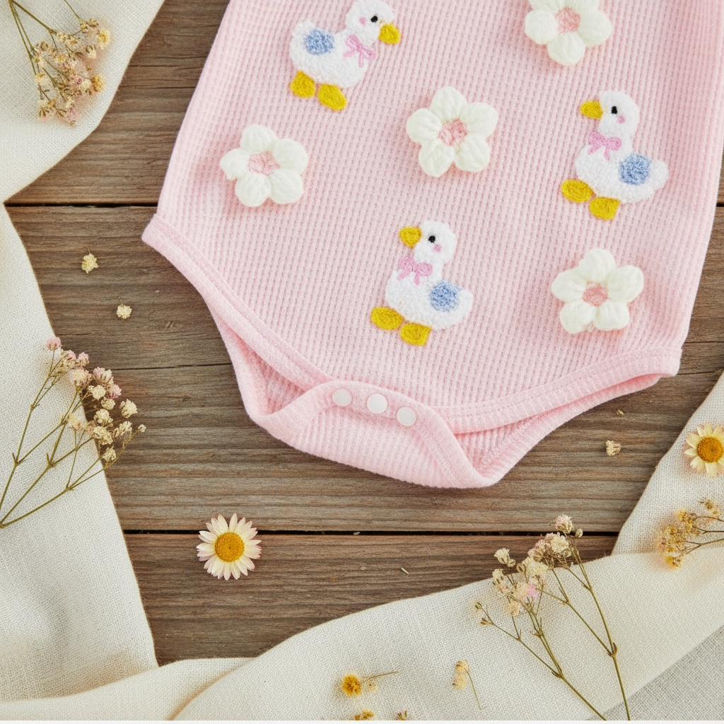 Baby Girl Duck & Daisy Ribbed Romper Set
