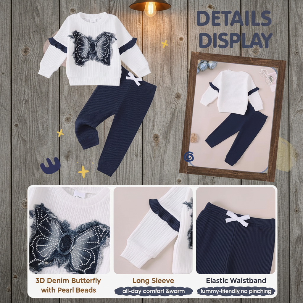 Baby Girl 3D Denim Butterfly Sweatshirt & Jogger Set