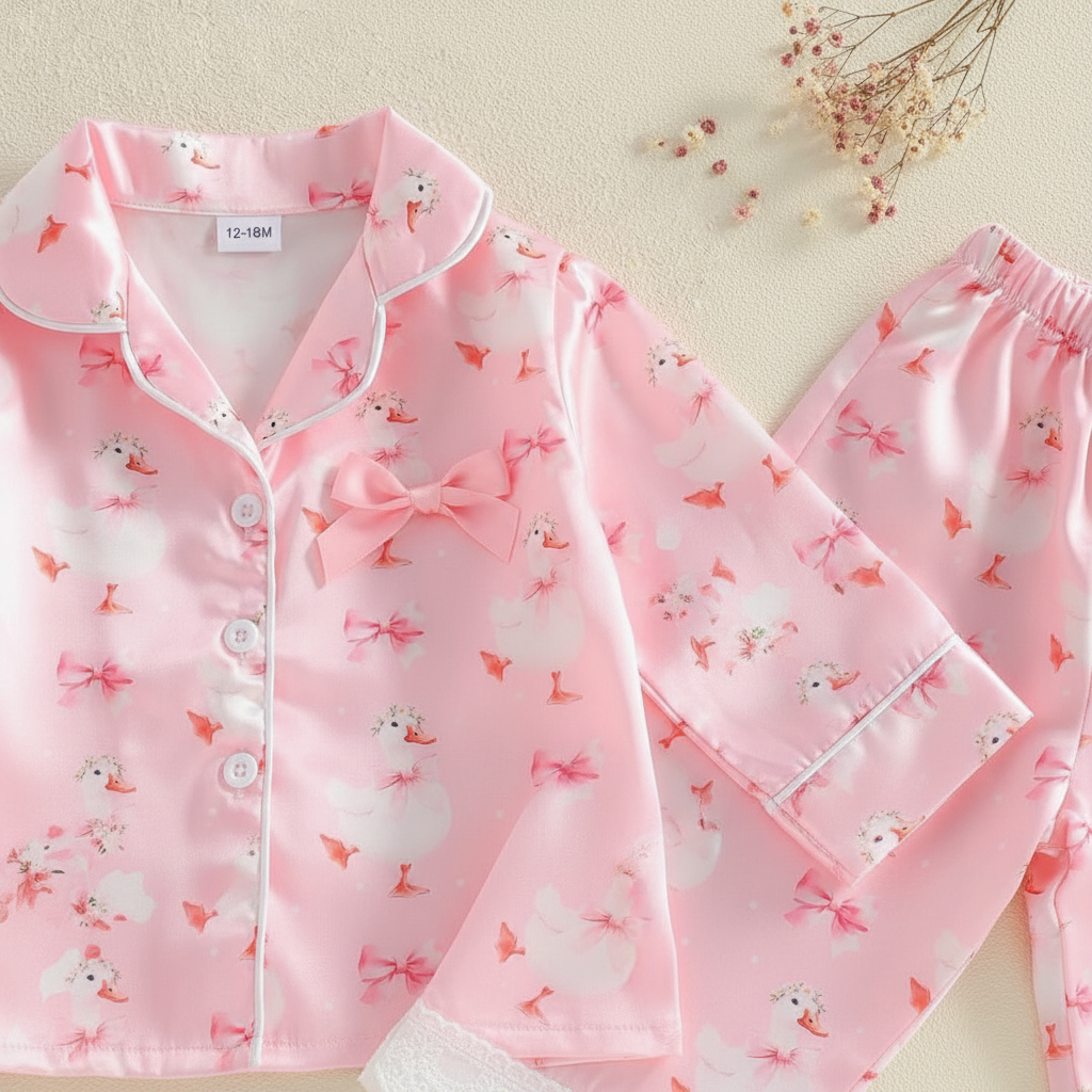 Silly Goose & Bow Satin Pajama Set