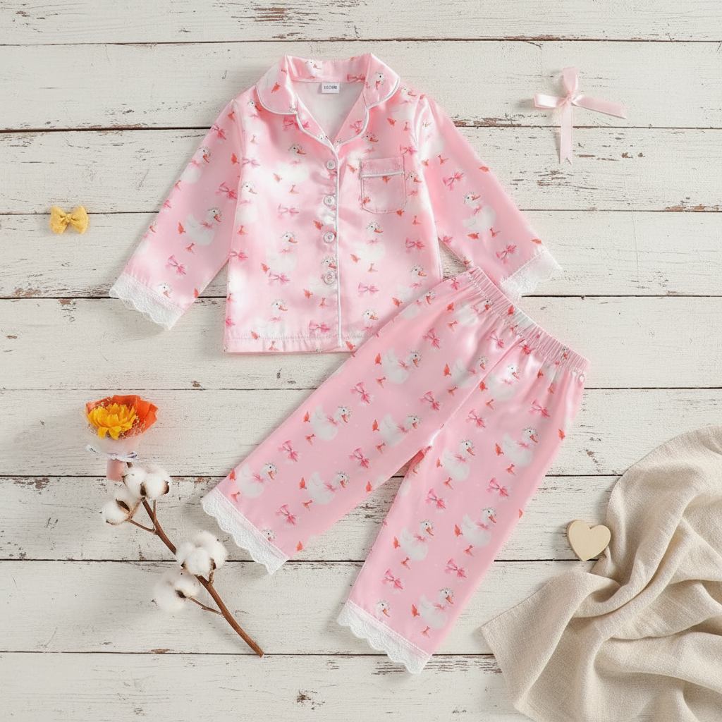 Silly Goose & Bow Satin Pajama Set