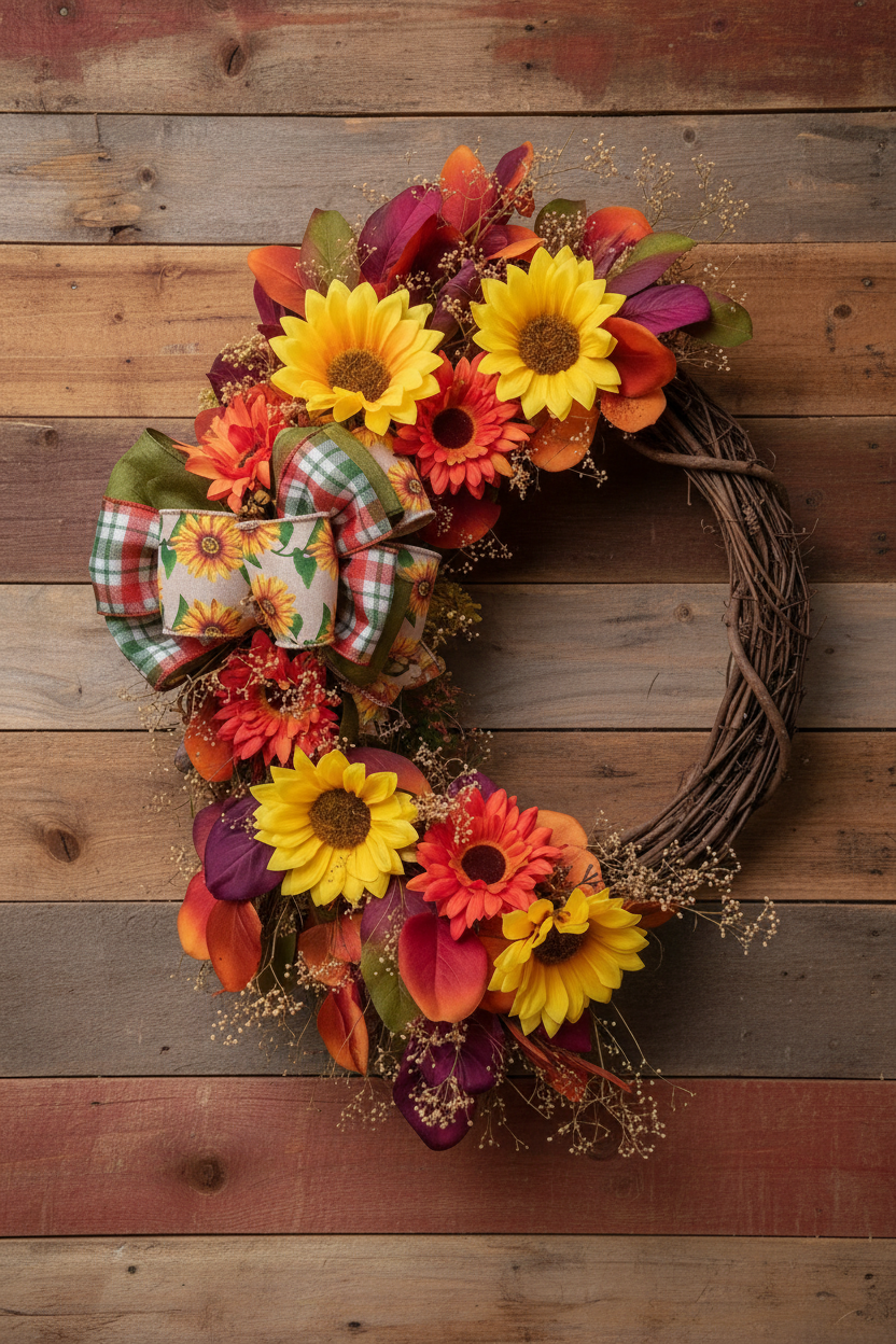 Fall Sunflower Wreath on Barn Wood Wall