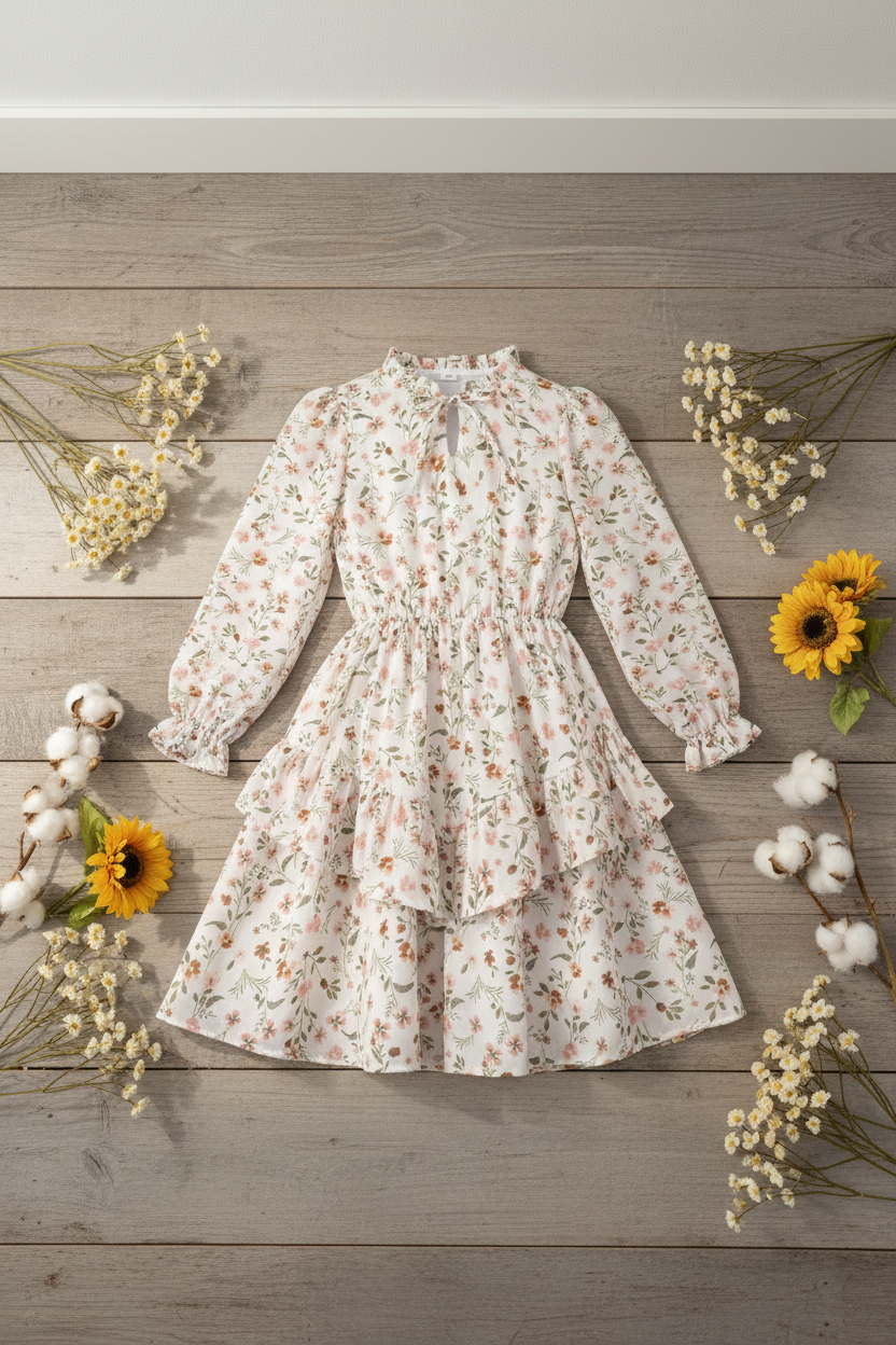 Girls Floral Chiffon Tiered Dress