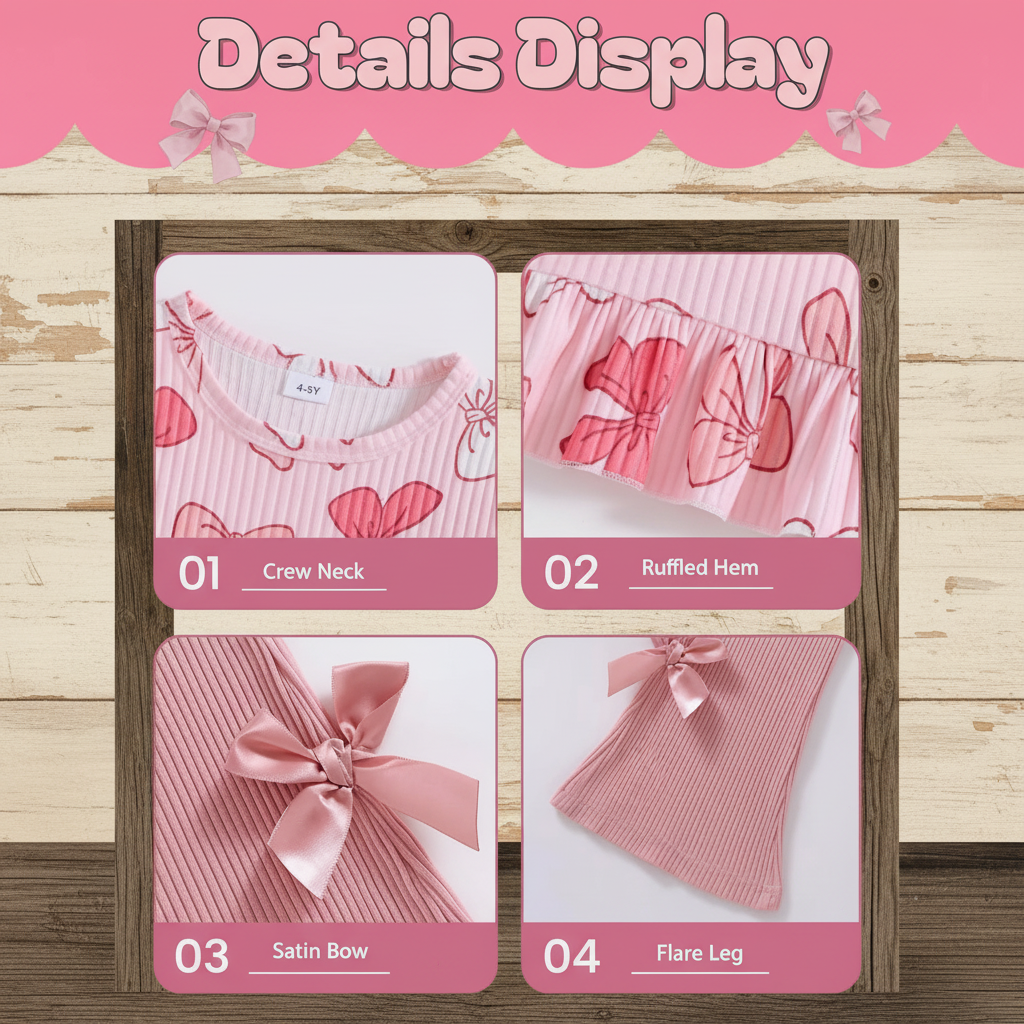 Little Girls' Bow Print Ribbed 2-Piece Set – Ruffle Top & Flare Pants