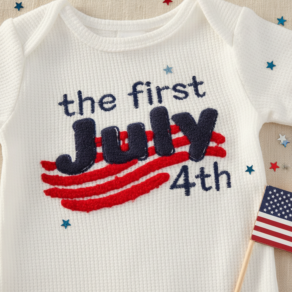 Baby "The First July 4th" 3-Piece Patriotic Set – Waffle Knit Bodysuit, Flag Pants & Knotted Hat