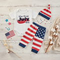 Baby "The First July 4th" 3-Piece Patriotic Set – Waffle Knit Bodysuit, Flag Pants & Knotted Hat