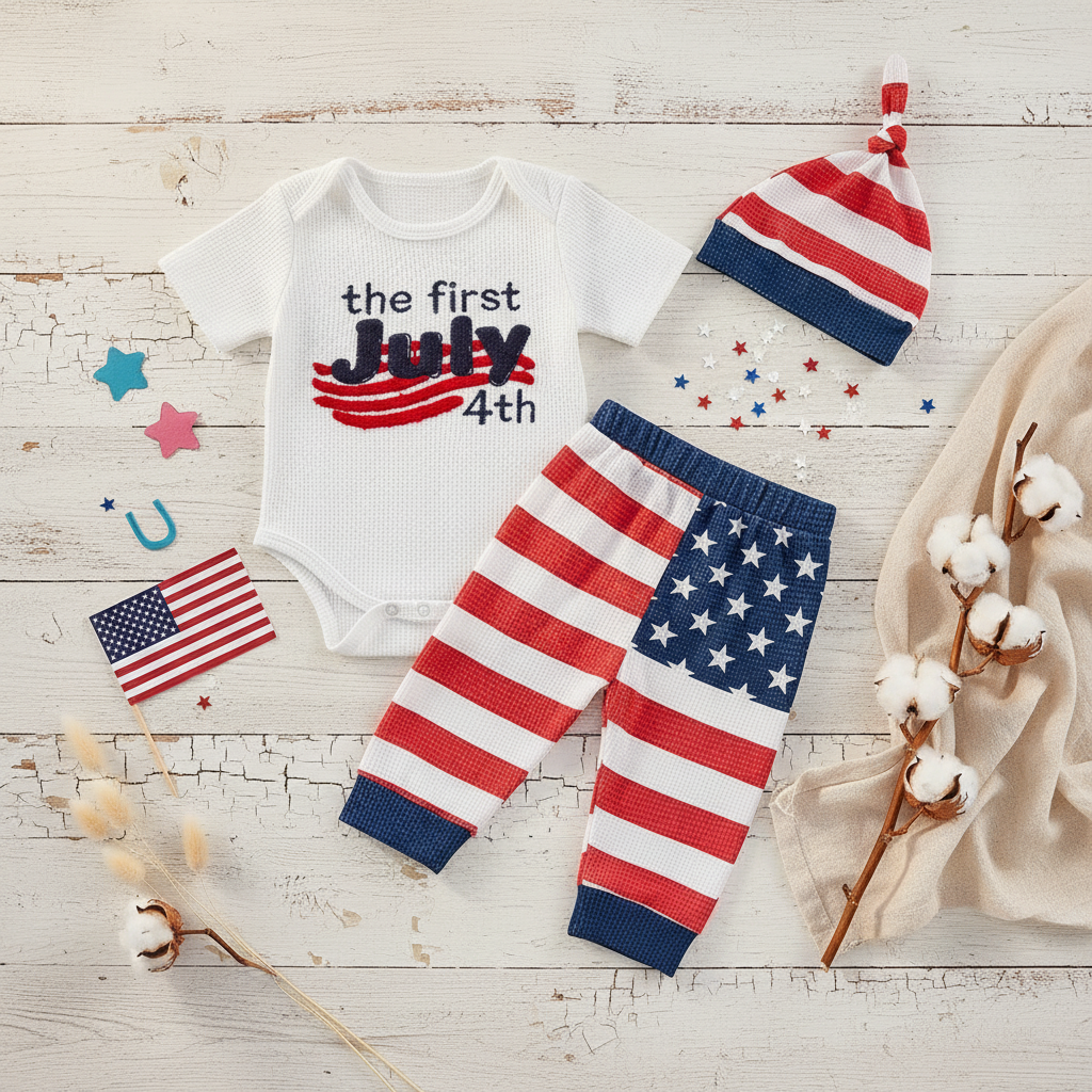 Baby "The First July 4th" 3-Piece Patriotic Set – Waffle Knit Bodysuit, Flag Pants & Knotted Hat
